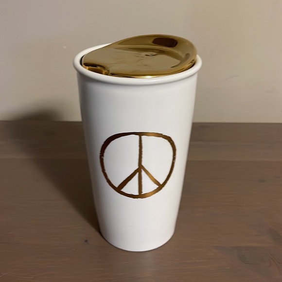 Starbucks White and Gold Peace Sign Ceramic Travel Mug - Picture 3 of 11